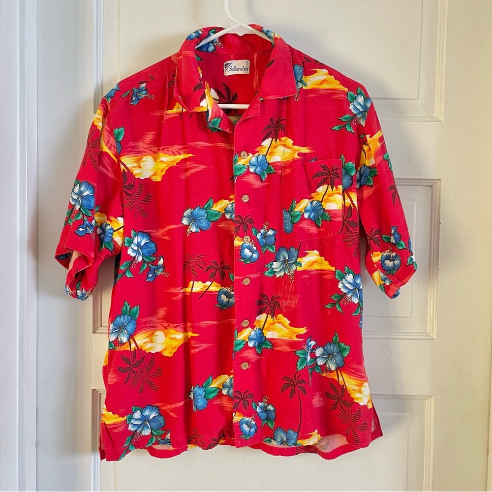 Vintage red Hawaiian Shirt floral palm trees sunset beach vacation collared